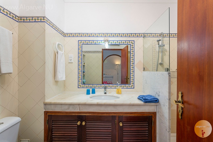 Badkamer met inloopdouche, toilet en wastafe